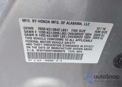 2017 Honda Pilot Elite from USA, damaged, VIN 5FNYF6H07HB008876